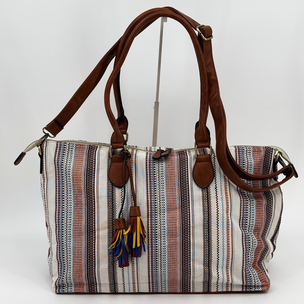 Jen & Co River Weekender Womens Large Striped Canvas Vegan‎ Leather Tassel Boho